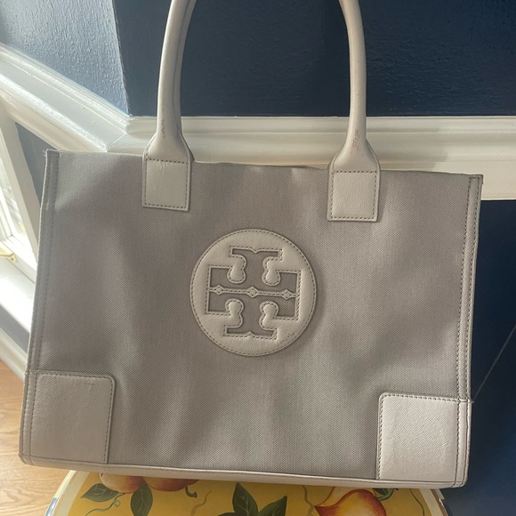 Tory Burch Handbags - Tory Burch Light Gray logo Canvas Tote Bag authentic EUC!! Neutral